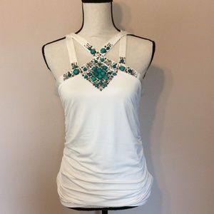 {Cache} Beaded White Blouse sz M